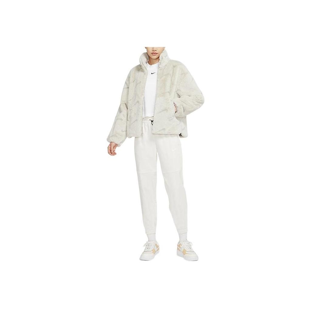 Nike Full Print Stand Collar Faux Fur Warm Straight Long Sleeve Cotton Jacket Women Outerwear White DQ6843-072