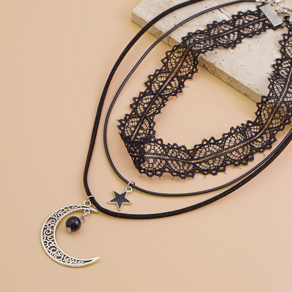 Gothic Lolita Lace Necklace Female Halloween Crescent Pendant Multi-Layer Flannel Clavicle Necklace
