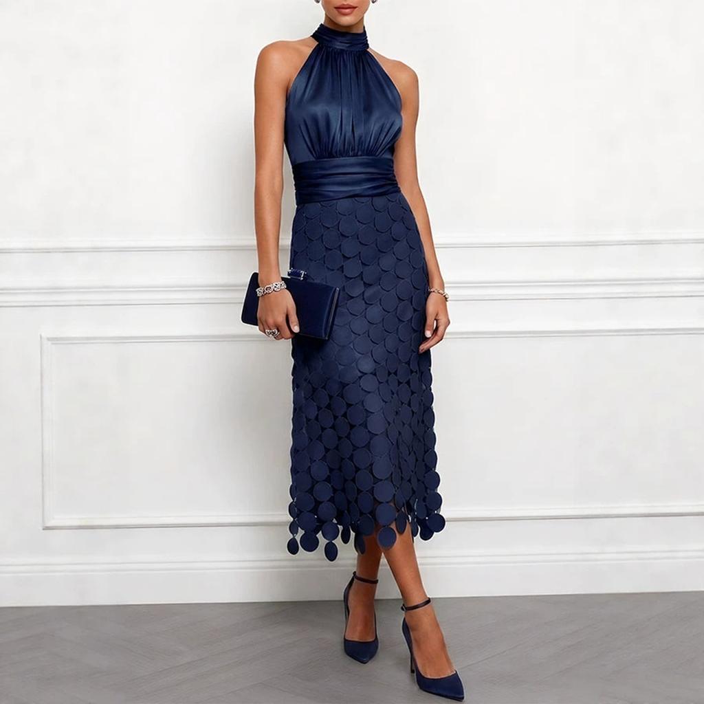 Abito senza maniche con scollo all'americana Top in raso con sovrapposizione di paillettes circolari Gonna midi Abito casual per le vacanze per donna