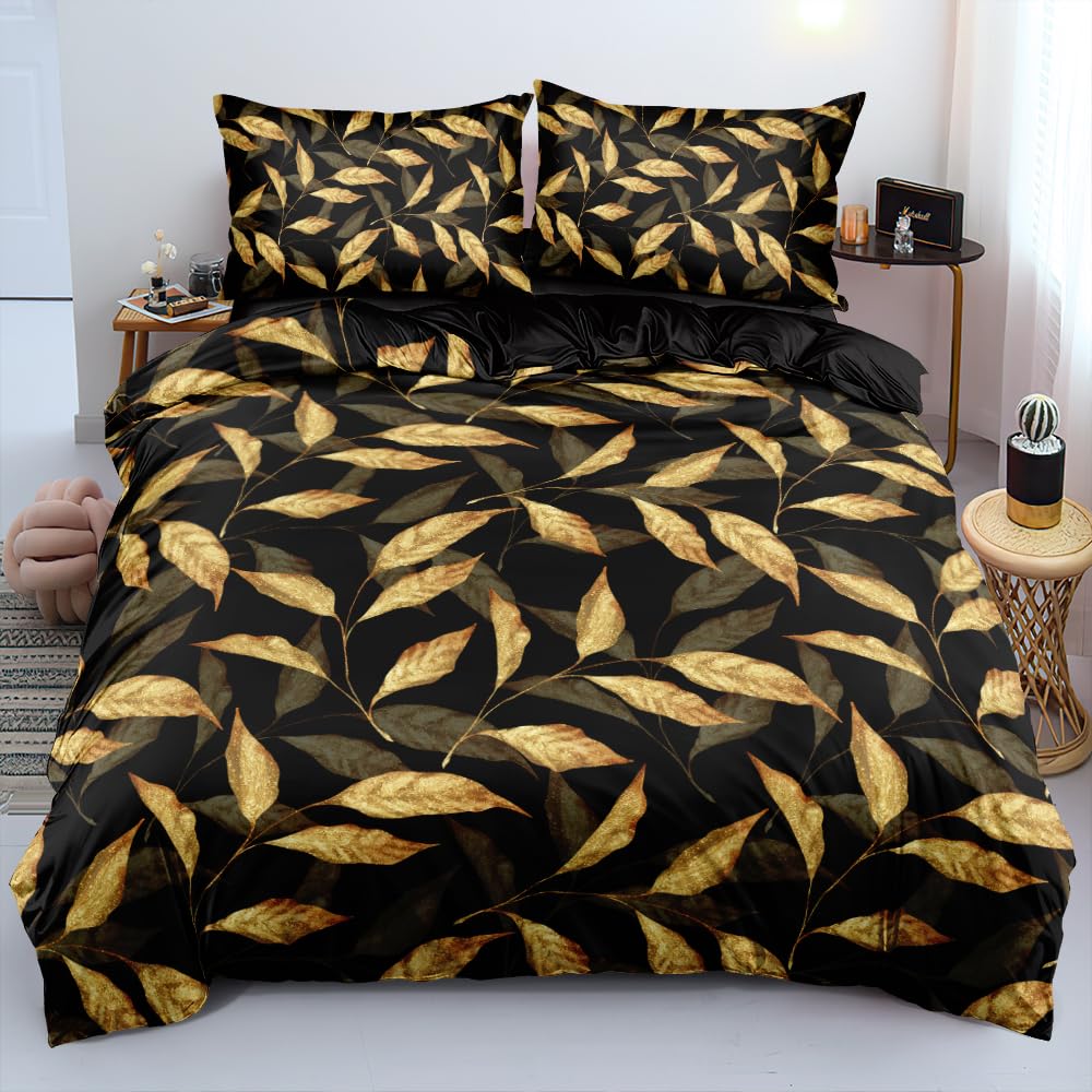 Luxury Golden Floral Duvet Cover Set Black Golden Plant Leave Decor Comforter Cover Fashion Plant Print Bedding Set With Zipper