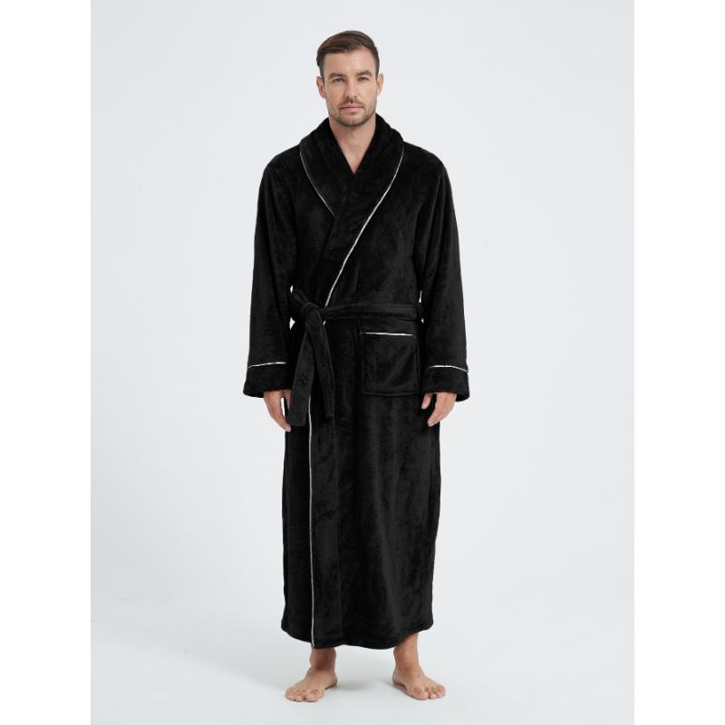 Men's Shawl Collar Robes Full Length Fleece Plush Bathrobes Soft Spa House Coat with Pockets Fluffy Spa Robes Winter Warm Flannel Long Robe for Men