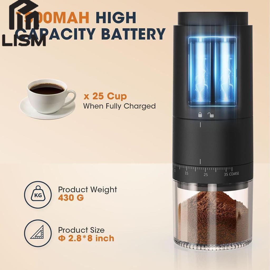 Portable Battery Powered Burr Coffee Grinder with 38 Adjustable Settings Rechargeable Coffee Bean Grinder with LED Display