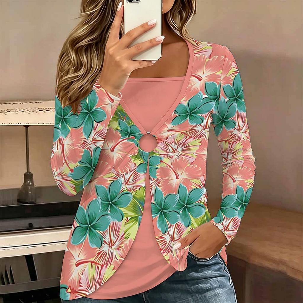 Tops for Women Flower Print Long Sleeve Fake Two‑Piece Top Fall Casual Slim Pullover Women's Long Sleeve Top