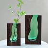Wooden Glass Vase Transparent Flower Pot Desktop Ornament Hydroponic Flower Holder  Office