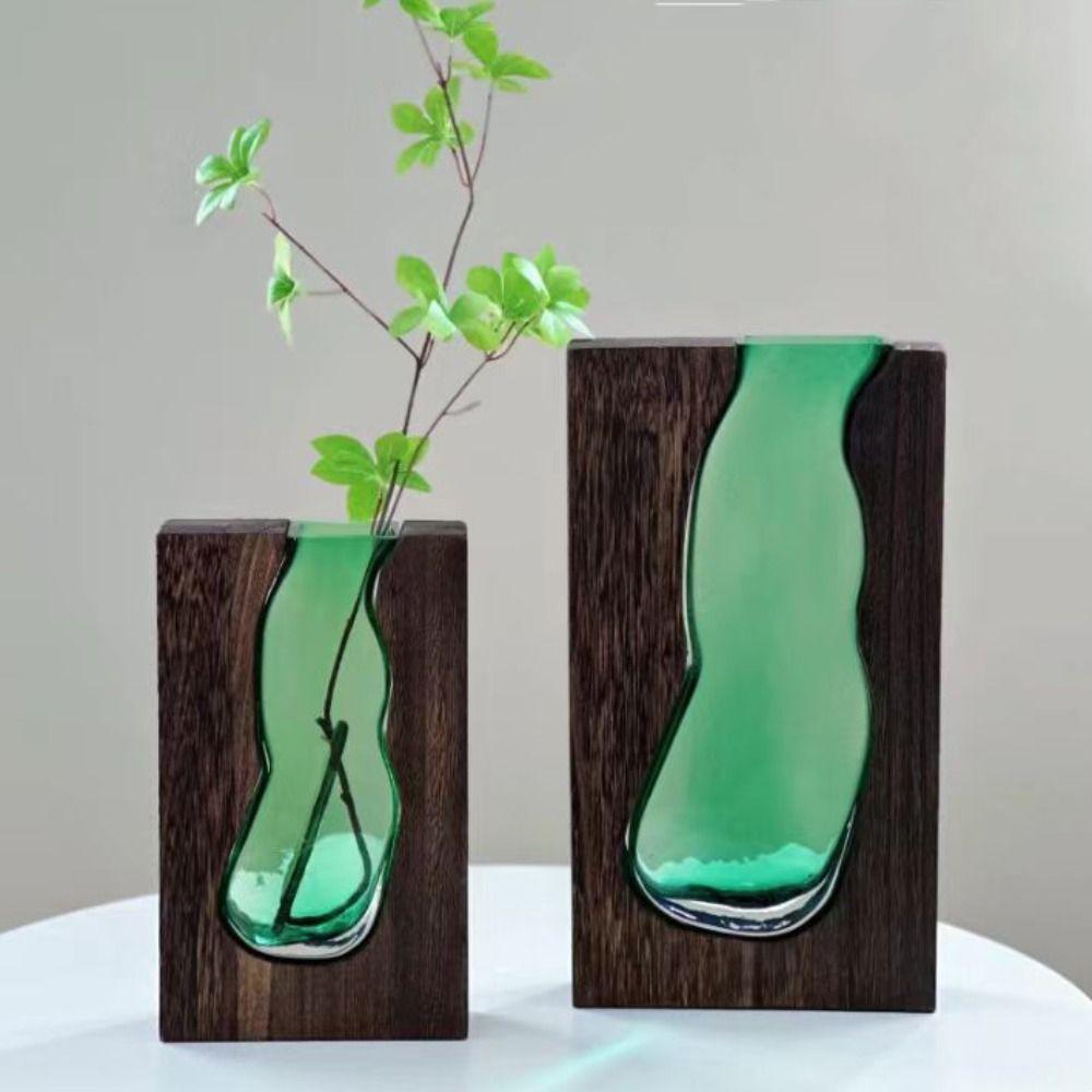 Wooden Glass Vase Transparent Flower Pot Desktop Ornament Hydroponic Flower Holder  Office
