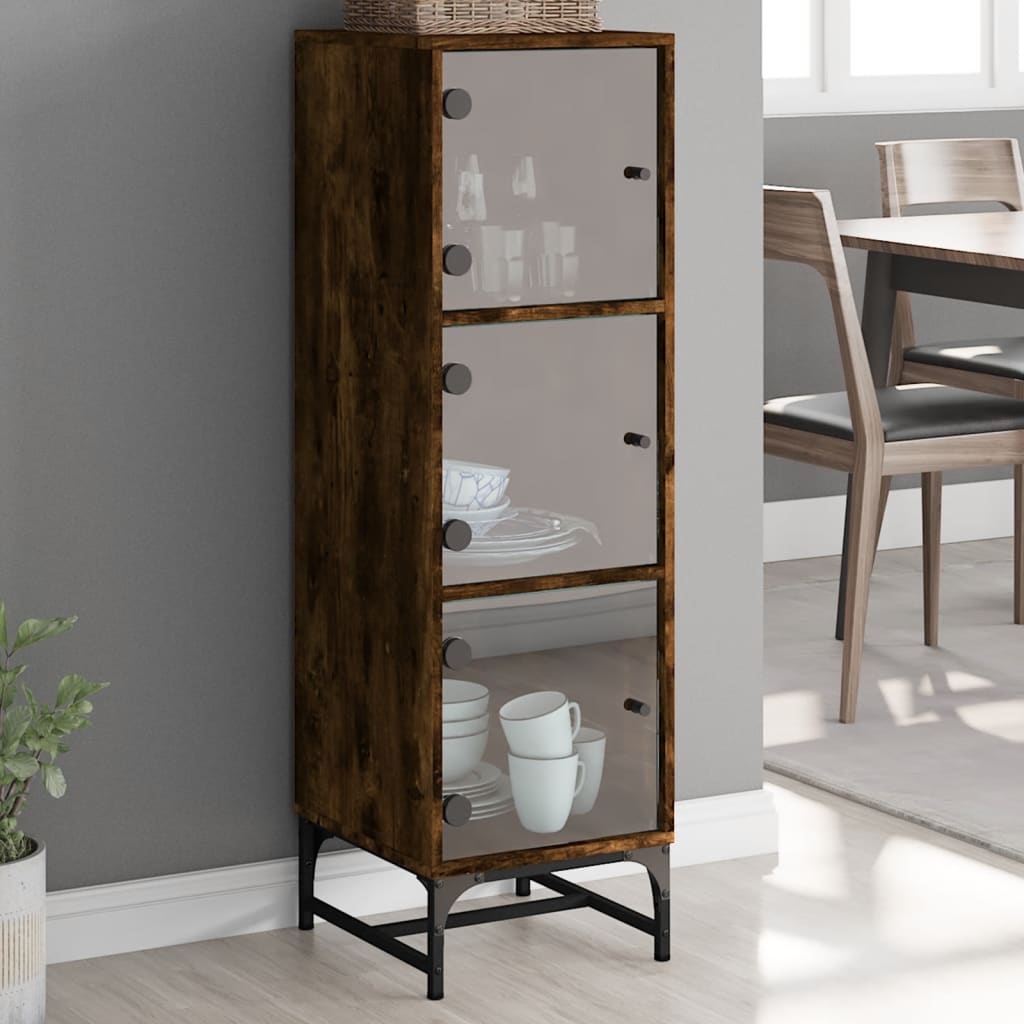 Highboard with Glass Doors Smoked Oak 35x37x120 Cm