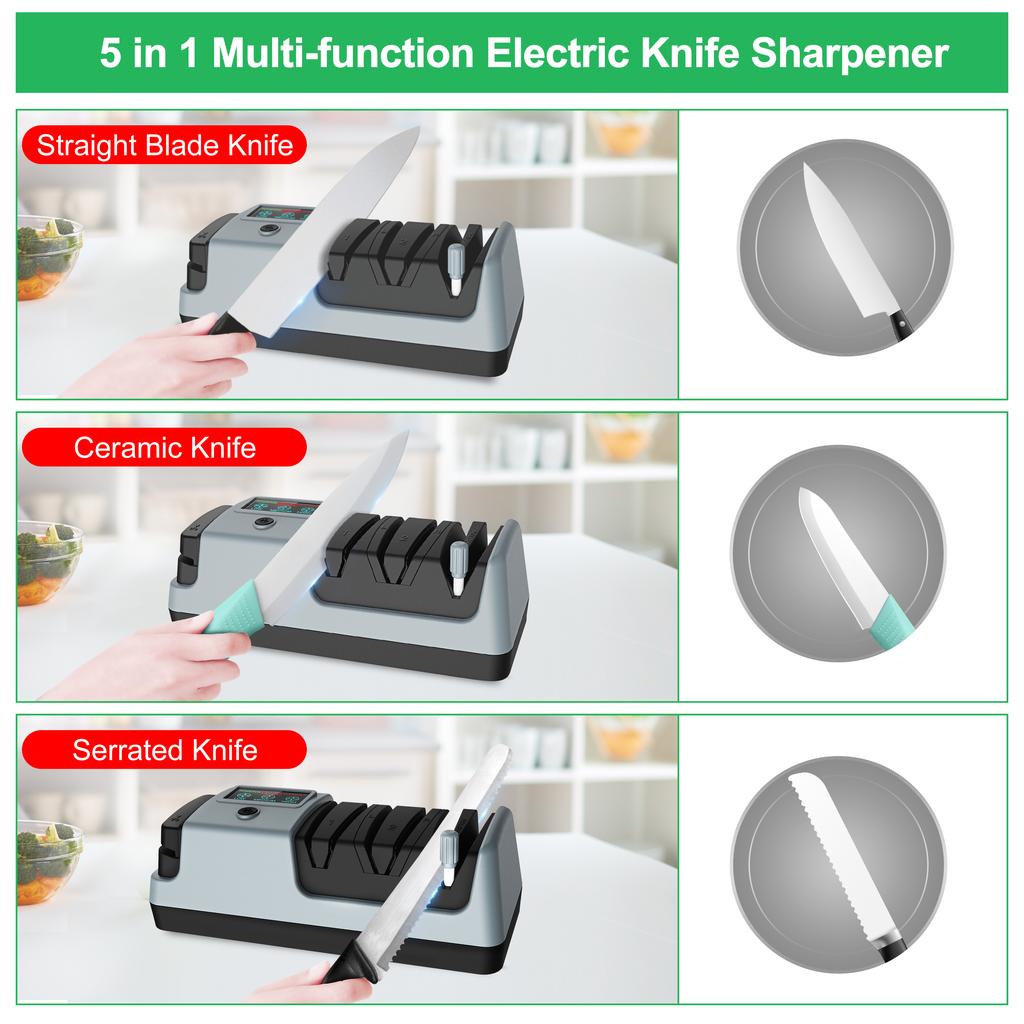 YOORLEAY 5-in-1 Elektrischer Messerschärfer - 3 einstellbare Rotationsgeschwindigkeiten - Elektrische Messerschärfer für Küchenmesser für Zuhause