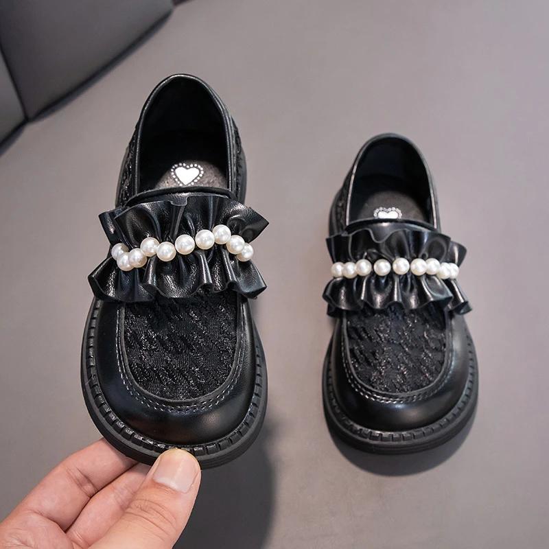 Girls Princess Shoes Mesh Pleated Pearls Fashion Kids Leather Shoes for For Party Wedding Children Loafers Slip-on Simple Cute