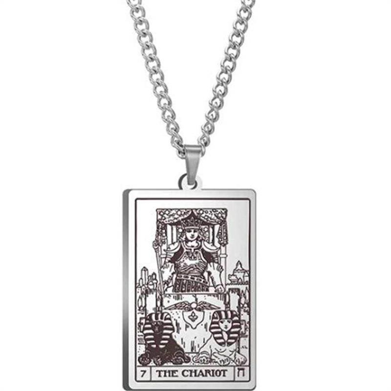 Tarot Stainless Steel Necklace Men'S Hip Hop Personality Retro Square Pendant Sweater Necklace