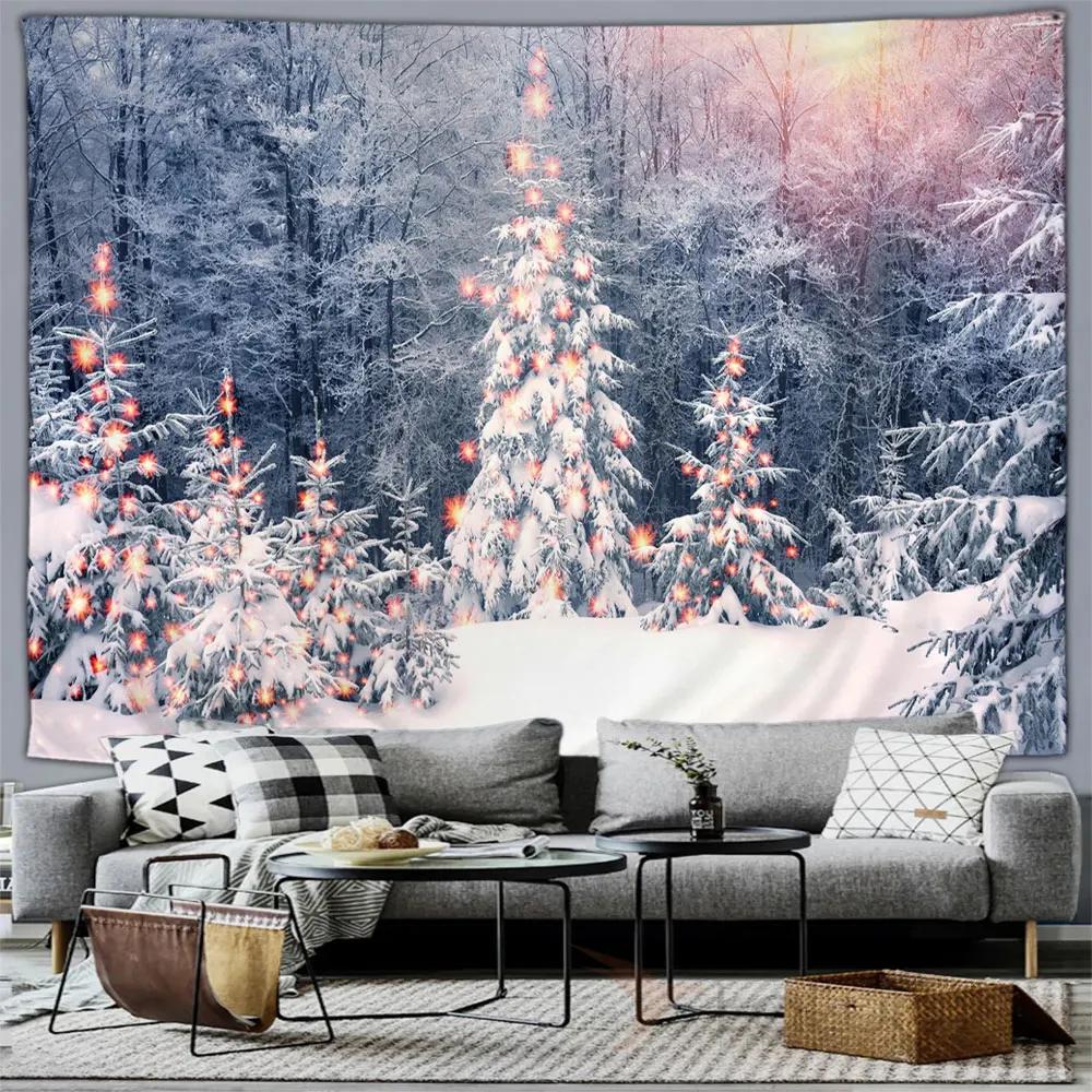 Winter Forest Snow Scene Tapestry Wall Hanging Christmas Tree Happy New Year Bedroom Living Room Home Decoration