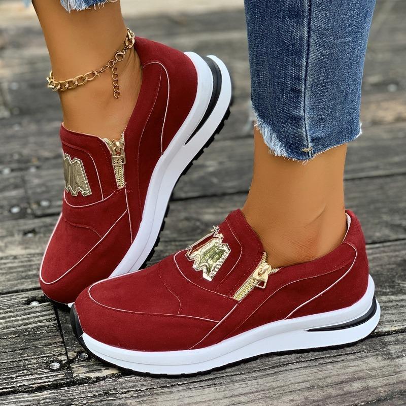 Women's Wide Width Platform Sneakers, Side Zipper Round Toe Flats, Solid Color Wholesale Shoes In Stock