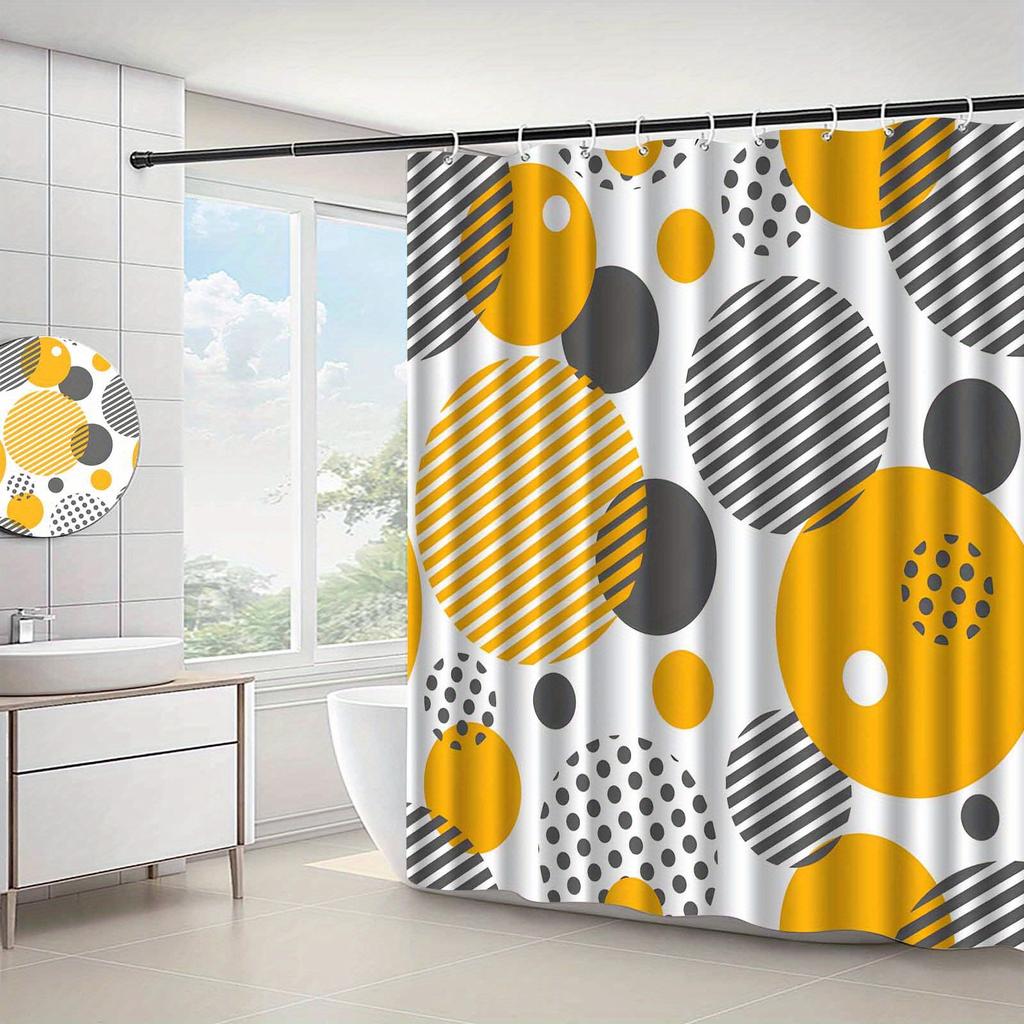 1Pc Modern Circular Geometric Pattern Shower Curtain, Polyester Fabric, With Hooks, Suitable For Bathroom Dcor.
