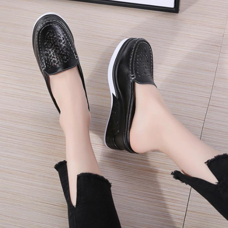 Sommer Frauen Plattform Slipper Muster Floral Wohnungen Atmungsaktive Leder Casual Schuhe Slip-on Bequeme Krankenschwestern Schuhe Cut