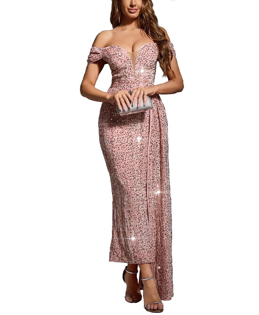 OS7036 Women's Off-the-Shoulder Sequin Sleeveless Dress: European and American Style