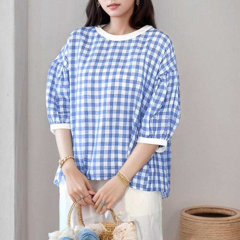 ZANZEA Women Casual Round Neck Half Sleeve Grid Print Blouse