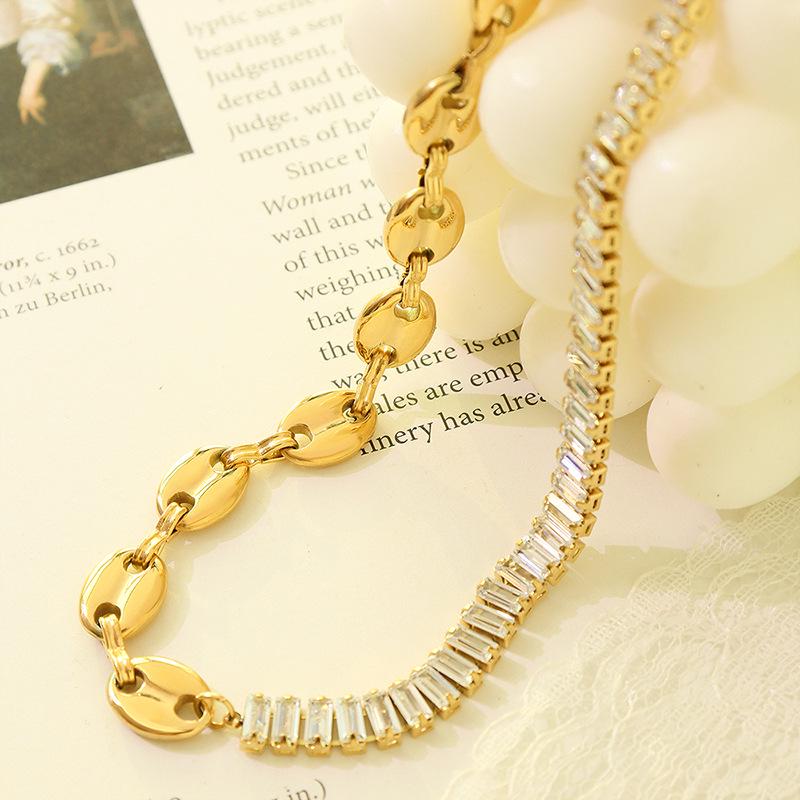 Geometric Zircon Pig Nose Spliced Bracelet & Necklace Set - European/American Nude Chain, Non-Fading P196-E009