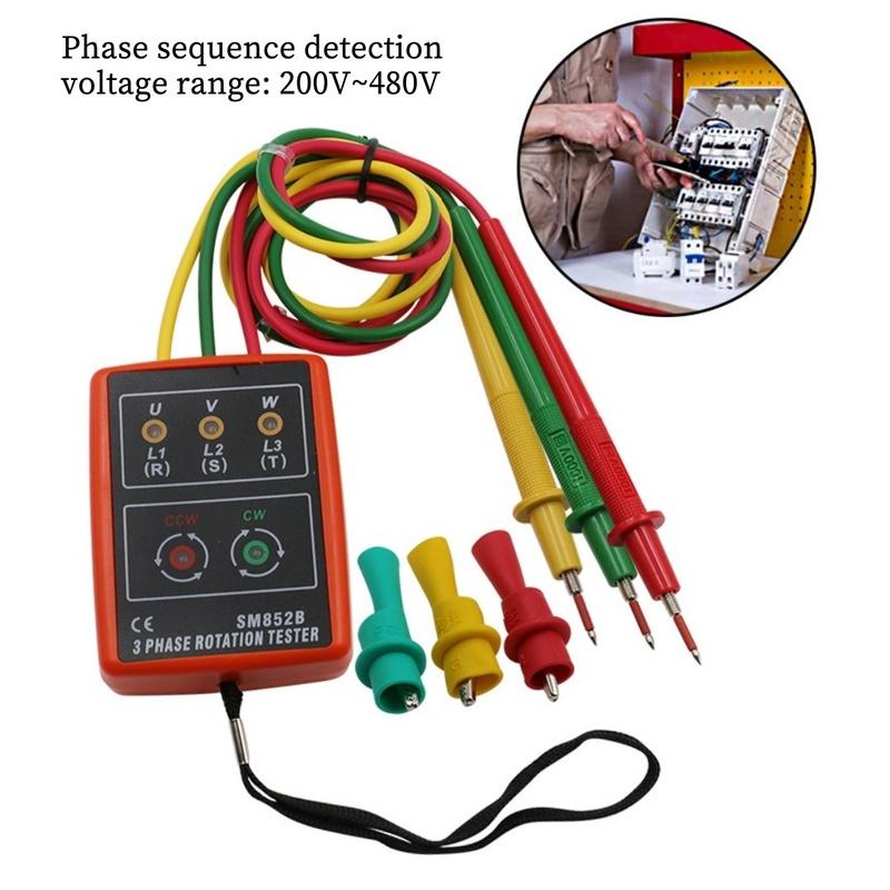SM852B Portable Phase Sequence Tester, 3-Phase AC Rotation Meter, Voltage/Current Detector, Phase Rotation Indicator for Electri