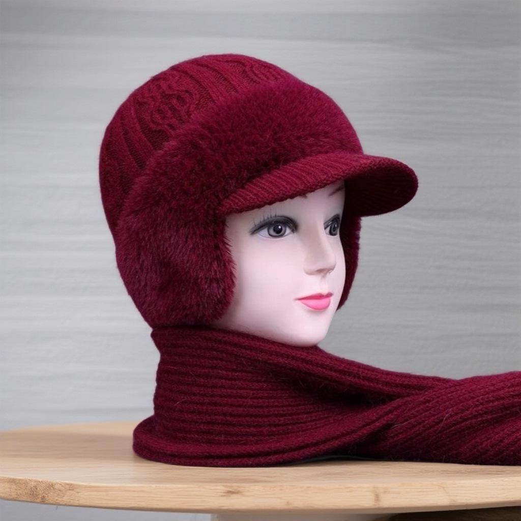 Women's Mink Velvet Winter Hat & Scarf Set - Warm Knitted Duckbill Cap with Ear Protection for Middle-Aged & Elderly.