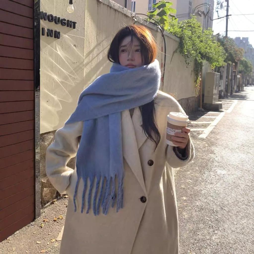 Winter Macaron Thickened Mohair Large Scarf Warm Face Cover Windproof Cold Resistant Plush Shawl Solid Color Scarf