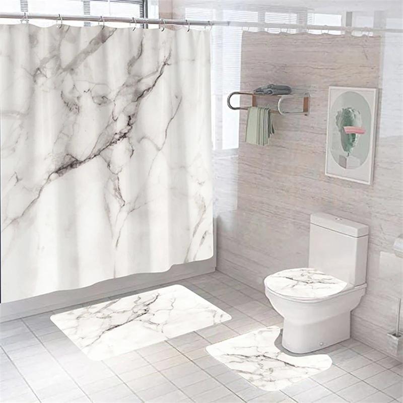 Luxury 3D Marble Shower Curtain Set Polyester Fabric Waterproof Batthroom Curtains Modern Style Printing Bath Toilet Cover Mat