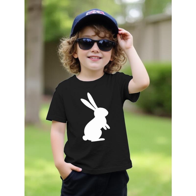 European Size Boys Round-neck Short-sleeved T-shirt with Black Rabbit Pattern Print