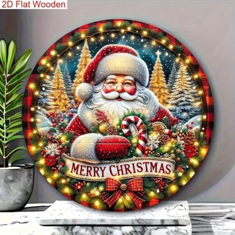 Merry Christmas Santa Wreath Metal Tin Sign Farmhouse Door Wall Decor