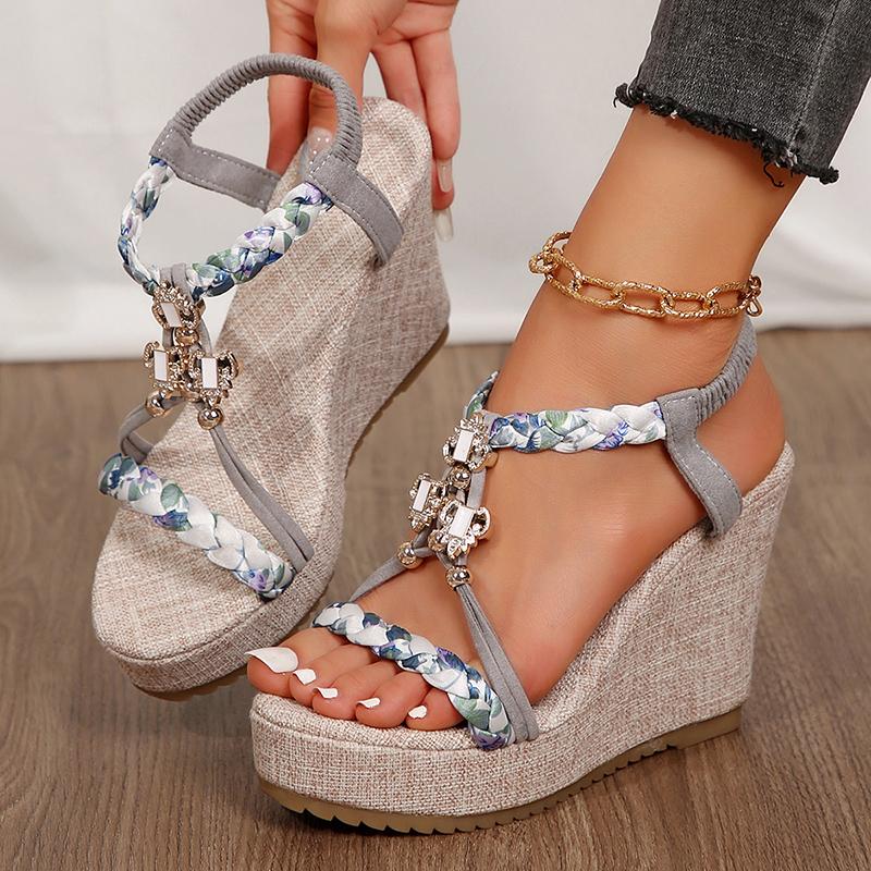 Metal Decoration Wedge Heel Sandals for Women 2025 Summer Chunky Platform Sandals Woman Thick Bottom Printed Bohemian Sandalias