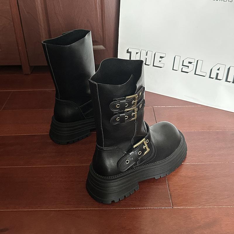 British Style Platform Belt Buckle Martin Boots Women's 2025 Autumn New Maillard Retro Versatile Heightening Locomotive Boots
