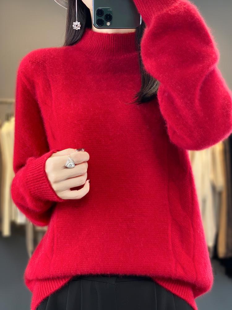 Women's Cable Knit Wool Sweater - Half-High Neck, Loose Fit, Thickened Seven-Stitch Base Layer for Autumn and Winter
