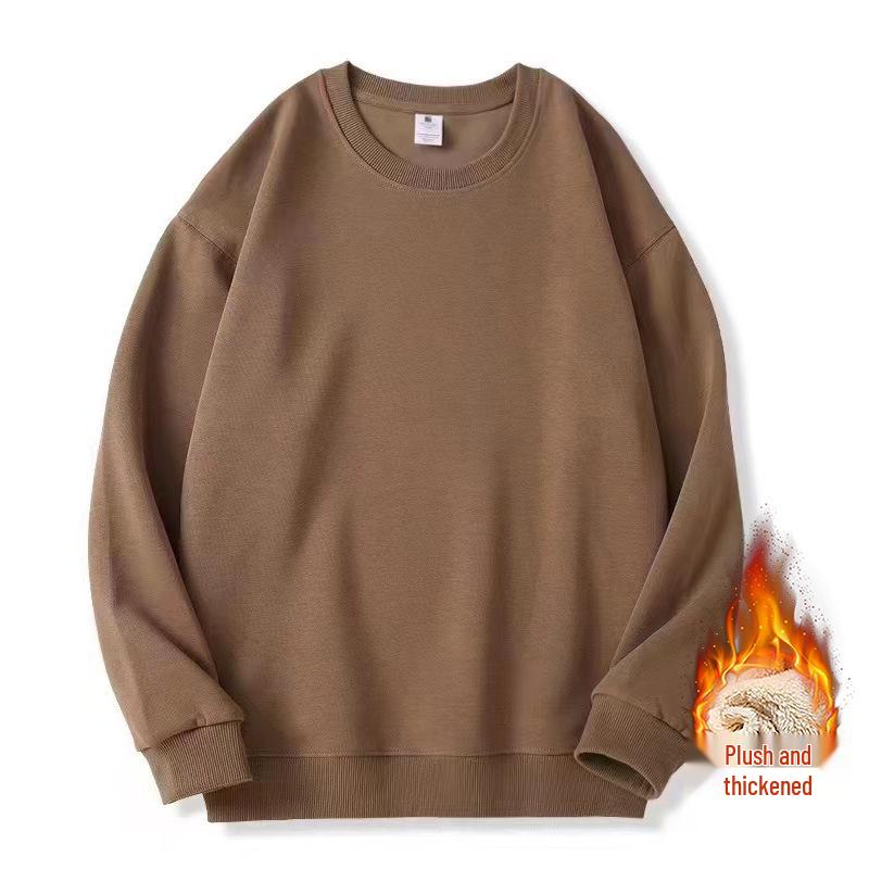Men's Plus Size Round Neck Solid Color Hoodie - Loose Fit with Velvet Base Layer for Couples, Suitable for Spring and Autumn.