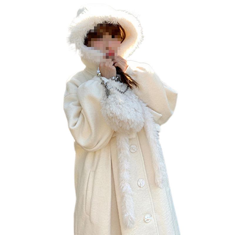 Women's White Wool Hooded Overcoat - Long Sleeve, Loose Fit, 2024 Autumn/Winter