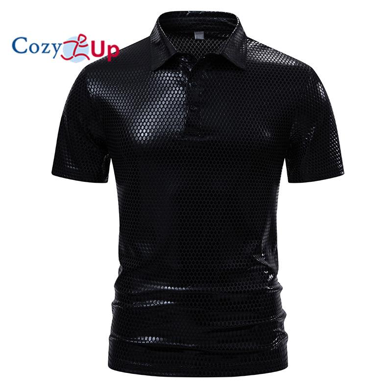 

Мужское глянцевое ПОЛО с короткими рукавами и лацканами Cozy Up для вечеринок и сценических выступлений XXL чёрный