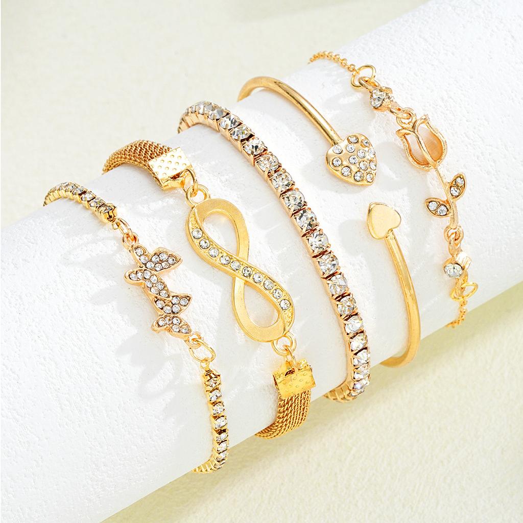17KM 5pcs Exquisite Butterfly Bracelet Set For Women Vintage Rhinestone Heart Infinity Cuff Bangle Daily Wear Jewelry Gift