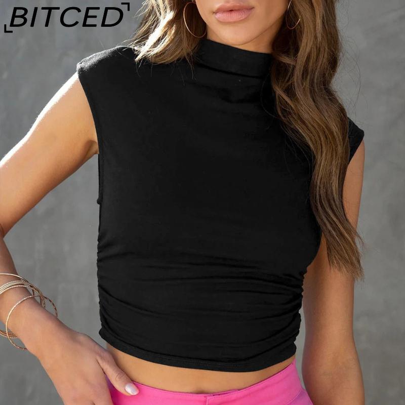 BITCED Women's Half-High Neck Top Casual Versatile Cropped Tank Top Short-Length Gathered Polyester-Cotton Blend Spicy Girl Style
