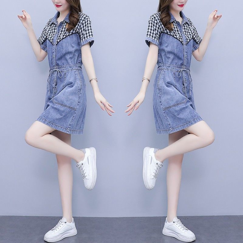 Plus Size Women Summer Fashion Denim Dress Casual Washed Patchwork Design Fat Ladies Clothing