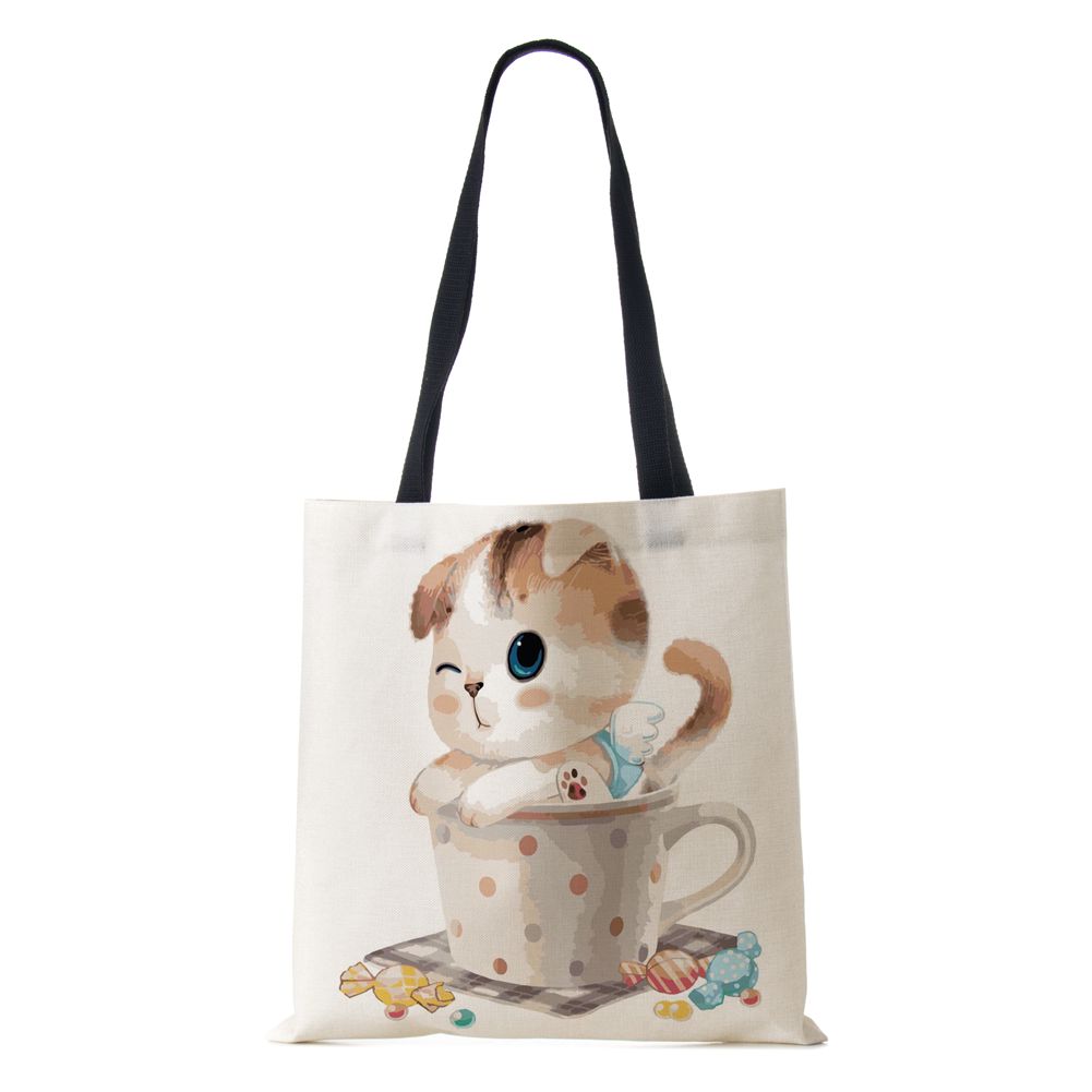 

Женская сумка через плечо с собакой и кошкой, холщовая повседневная сумка для путешествий, 2022, винтажная большая вместительная сумка с эко-принтом, большая вместительная сумка для книг