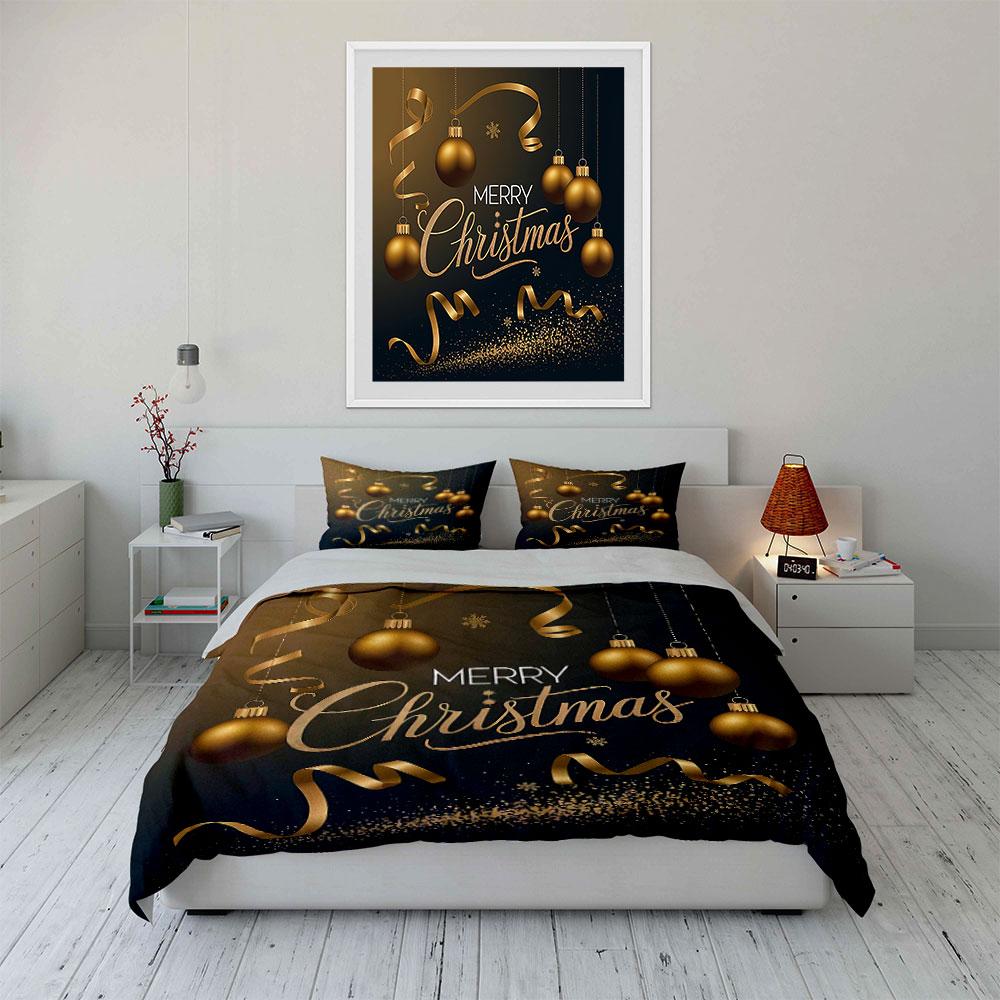 Golden Merry Christmas Decor Bedding Duvet Cover Set Duvet Cover Pillowcases  (1*Duvet Cover 2*Pillowcases, without duvet insert)