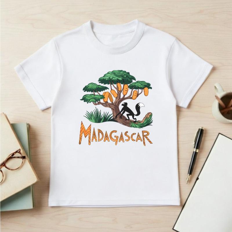 Kids Summer Crewneck Short Sleeve Tee, Cartoon Baobab Tree Print Casual Top 110 белый