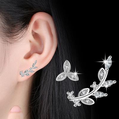 Blume Blatt Stein Asymmetrische Blatt Ohrstecker Damen Weißkupfer Versilbert Ohrstecker