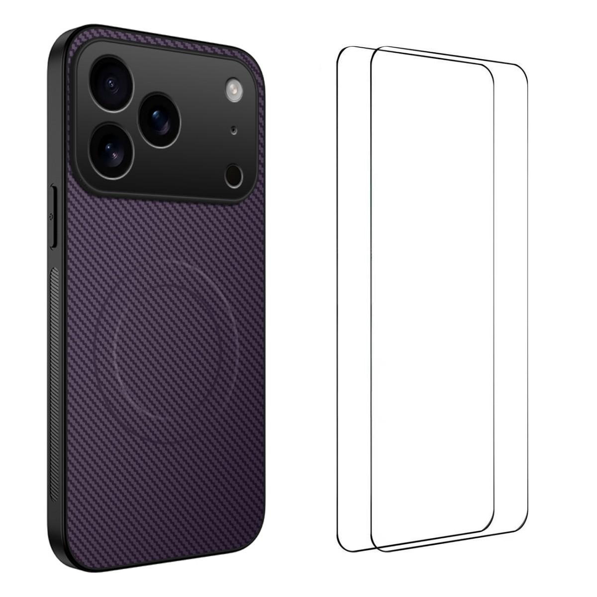 

For iPhone 17 Pro Magnetic Case WANLONFENG TQ1 Series Carbon Fiber Texture PC TPU Phone Cover with 2Pcs Screen Films Purple