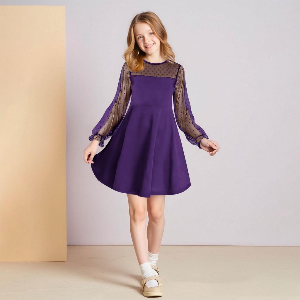 CUHK Mädchen Spitze Langarm Farbe Niedliches Prinzessinnenkleid