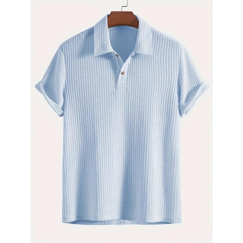 Men Waffle Knit Turn Down Collar Short Sleeve Polo Shirt Casual Breathable Solid Daily Tops