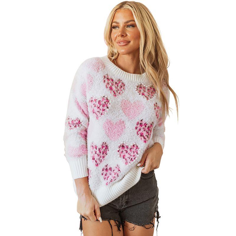 

US Shiying Winter New Heart-Shaped Leopard Print Round neck sweater Women 2025 Design Sense Beads Knit Women Pink Size S fit (45.00 kg-55.00 kg
