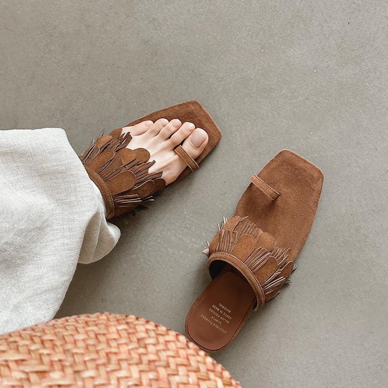 Fashion New Summer Slippers Cow Suede Flip-flops Slippers for Women Fashion Tassels Square Toe Ladies Shoes Low Heels Slippers Sandals