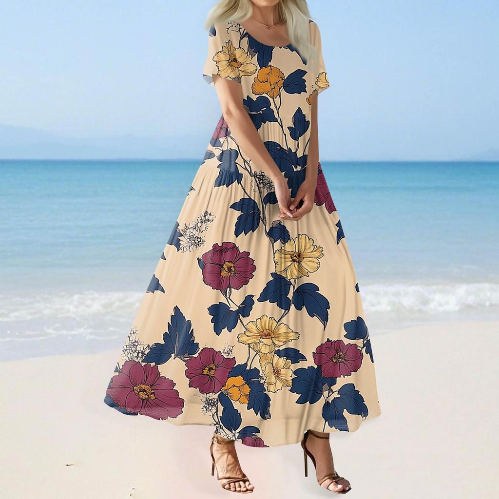 Women's Summer Casual Floral Print Short Sleeve O Neck High Waist A Line Tiered Flowy Boho Maxi Dress
