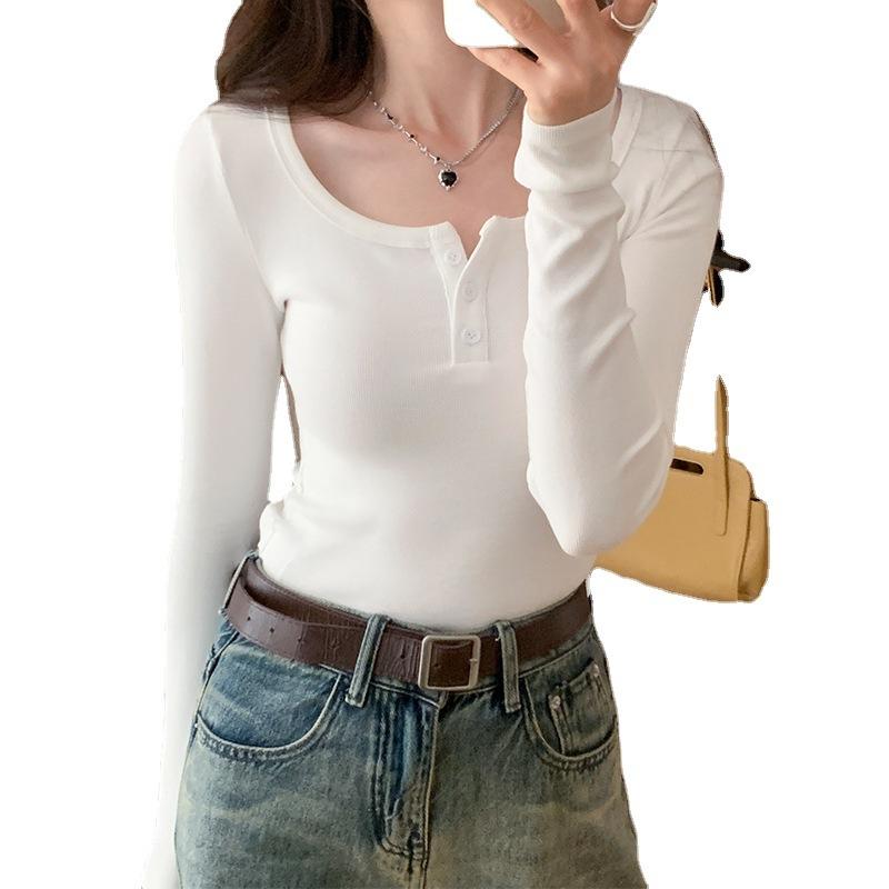 Σέξι Καυτό Κορίτσι Τετράγωνη Λαιμόκοψη Μακρυμάνικη Μπλούζα Γυναικεία Αδυνατιστική Άνοιξη και Καλοκαίρι Νέο Βασικό Στυλ Ευέλικτο Λευκό Τοπ