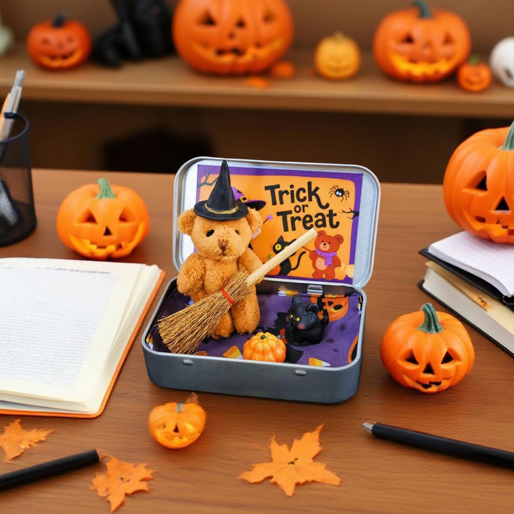 Halloween Bear In Box For Trick Or Treating With Witch Blanket Cloak Pumpkin And Cat