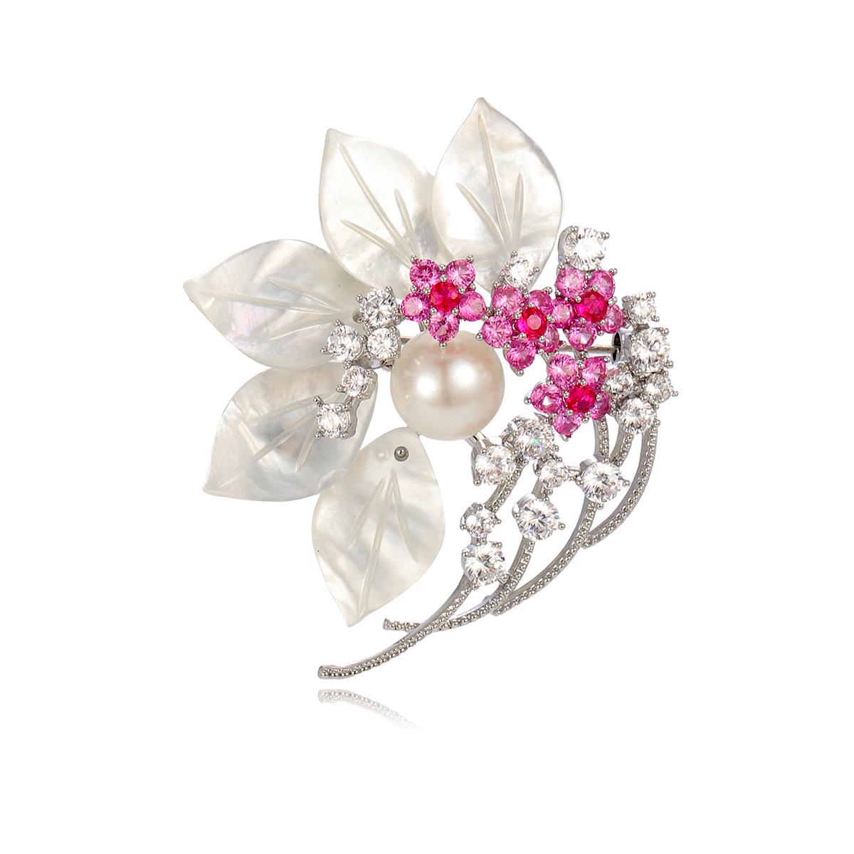 Elegant Freshwater Pearl & Zircon Flower Brooch Corsage