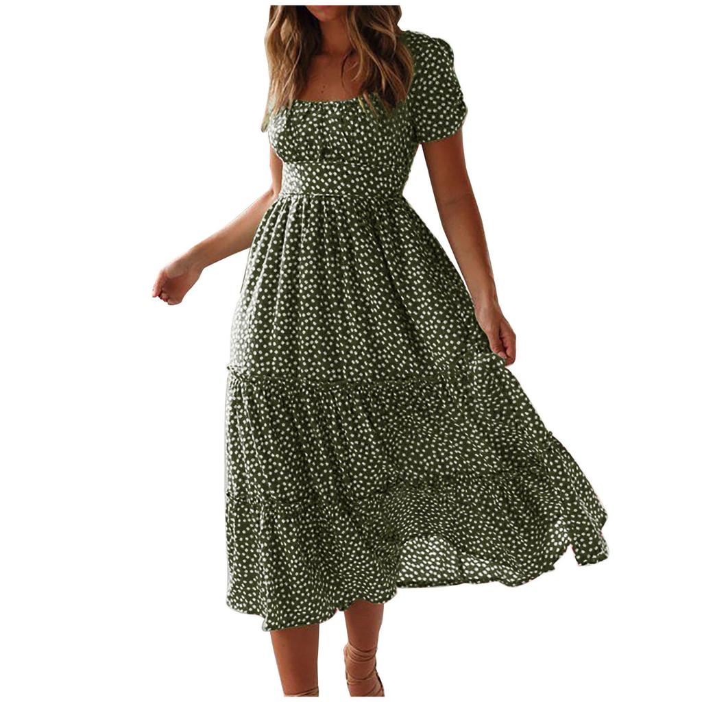 Women's Fashion Summer Spring Floral Print Short Sleeve Square Collar High Waist Casual Dresses