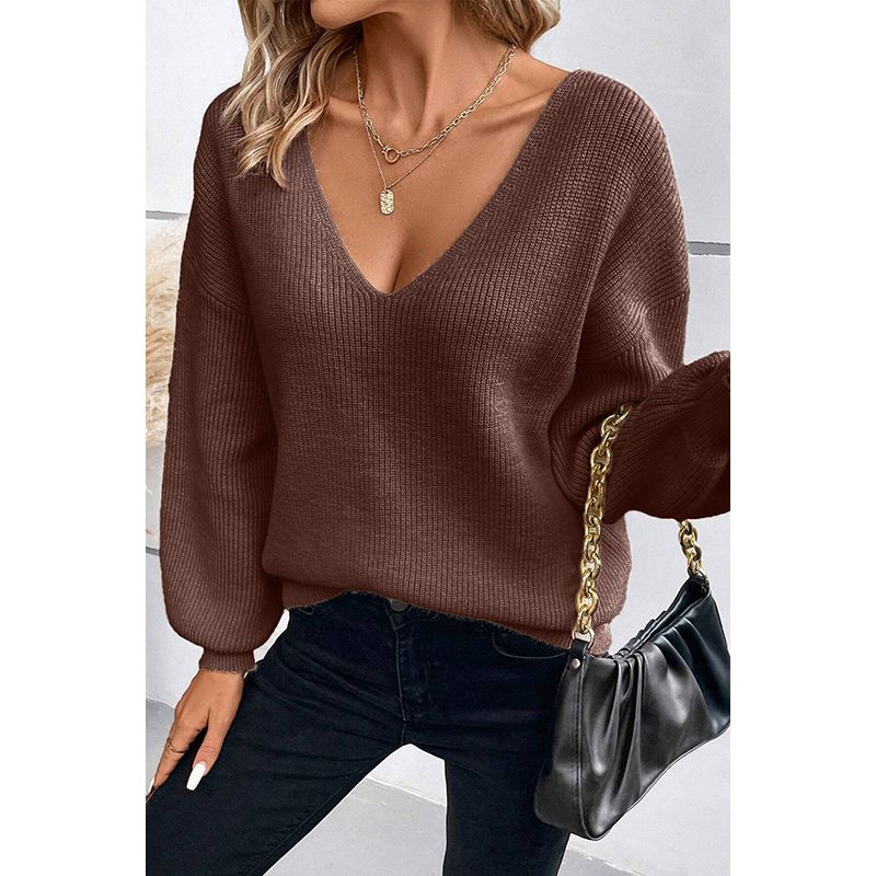 

Fashion Fashion Stylish Back Bows Pullover Women 2025 Winter New Arrival Pure Color All-Matching V Neck Sweater Brown P1017 Size S fit (45.00 kg-55.00 kg